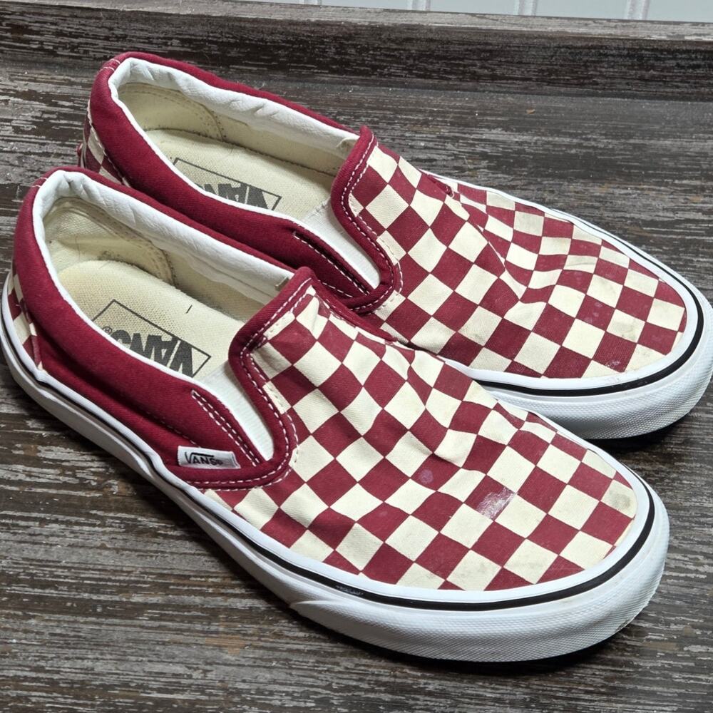 Vans Unisex Red White Checker Board Slip on Stake Sneaker Shoes Size W8.5/M7